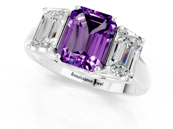 Silver Three-Stone Emerald Cut Amethyst Engagement Ring with Prong Setting