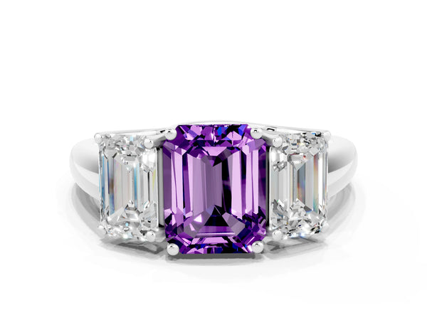 Platinum Three-Stone Emerald Cut Amethyst Engagement Ring with Prong Setting
