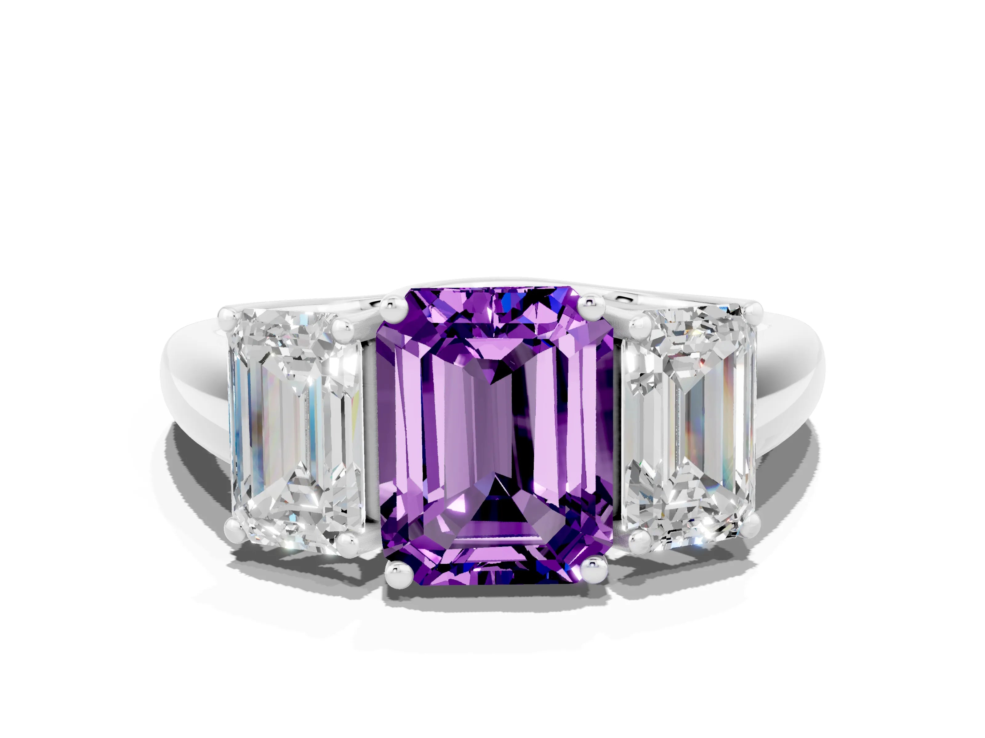 White gold Three-Stone Emerald Cut Amethyst Engagement Ring with Prong Setting_36