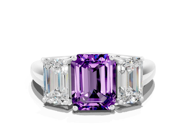 Platinum Three-Stone Emerald Cut Amethyst Engagement Ring with Prong Setting