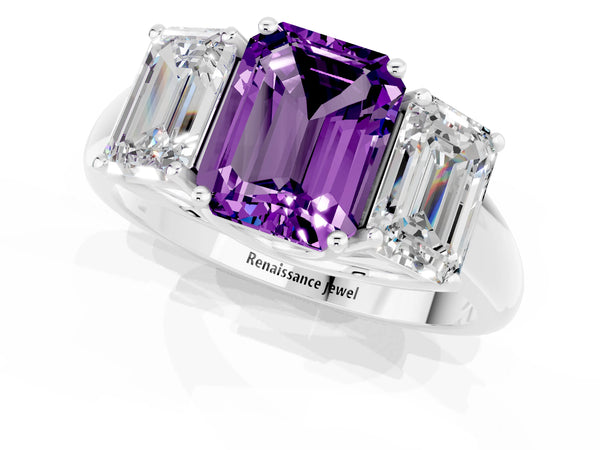 White gold Three-Stone Emerald Cut Amethyst Engagement Ring with Prong Setting
