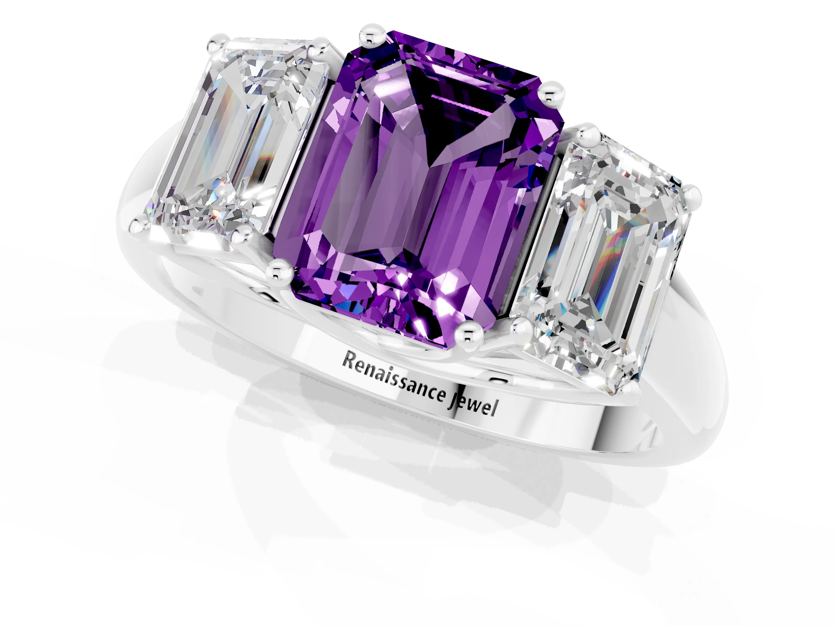 White gold Three-Stone Emerald Cut Amethyst Engagement Ring with Prong Setting_37