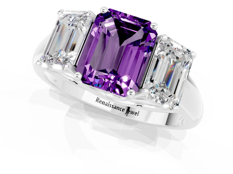 White gold Three-Stone Emerald Cut Amethyst Engagement Ring with Prong Setting_37