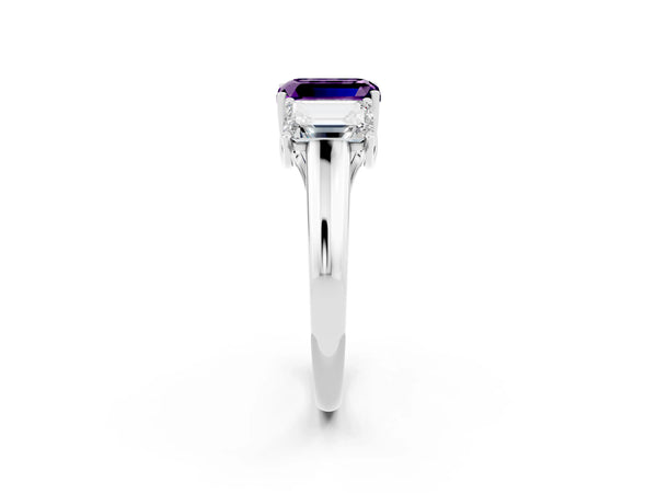 Platinum Three-Stone Emerald Cut Amethyst Engagement Ring with Prong Setting