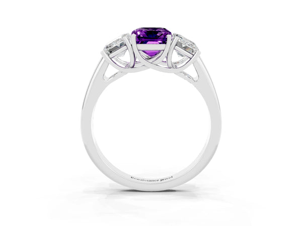 Platinum Three-Stone Emerald Cut Amethyst Engagement Ring with Prong Setting