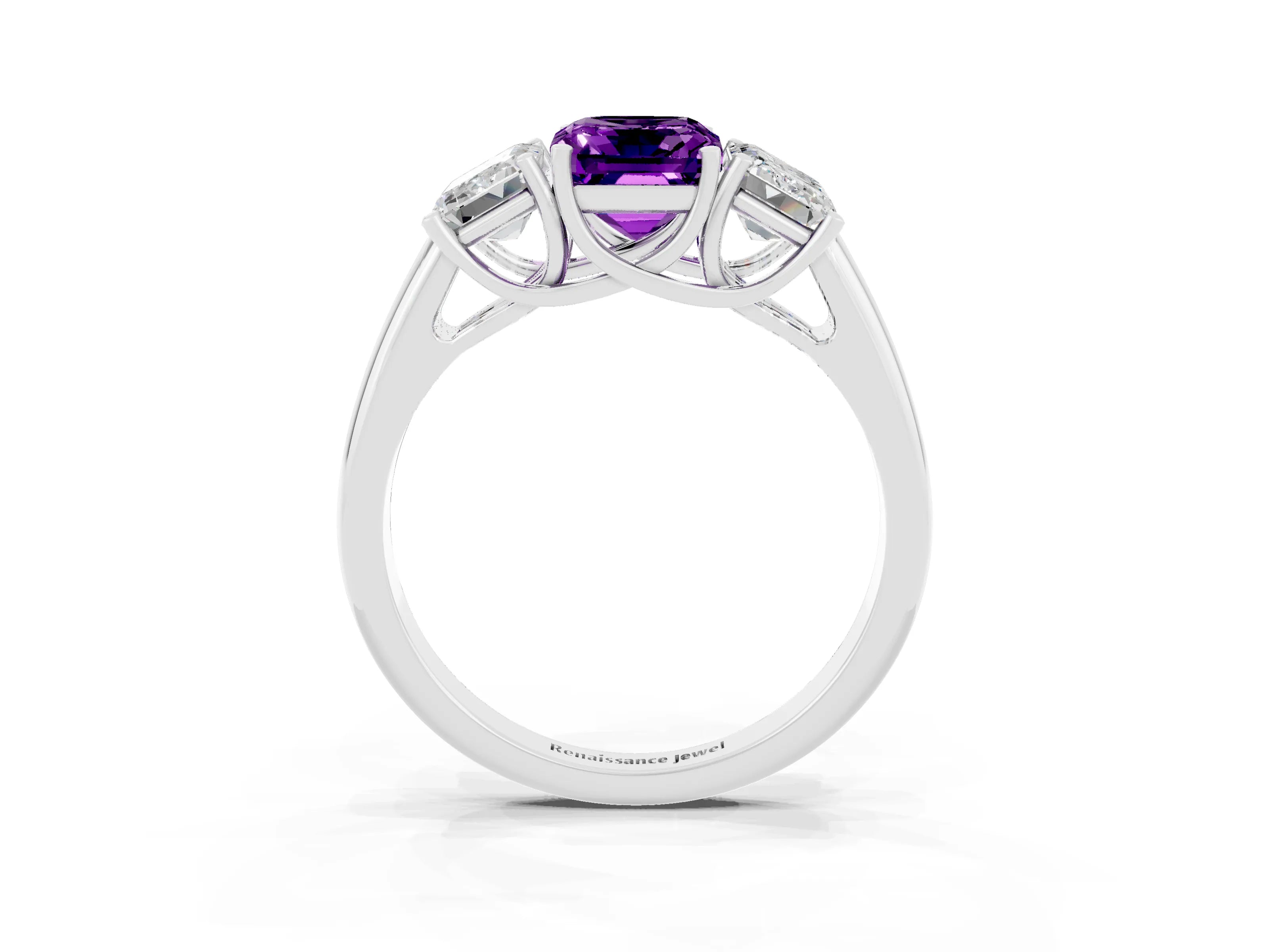 White gold Three-Stone Emerald Cut Amethyst Engagement Ring with Prong Setting_39