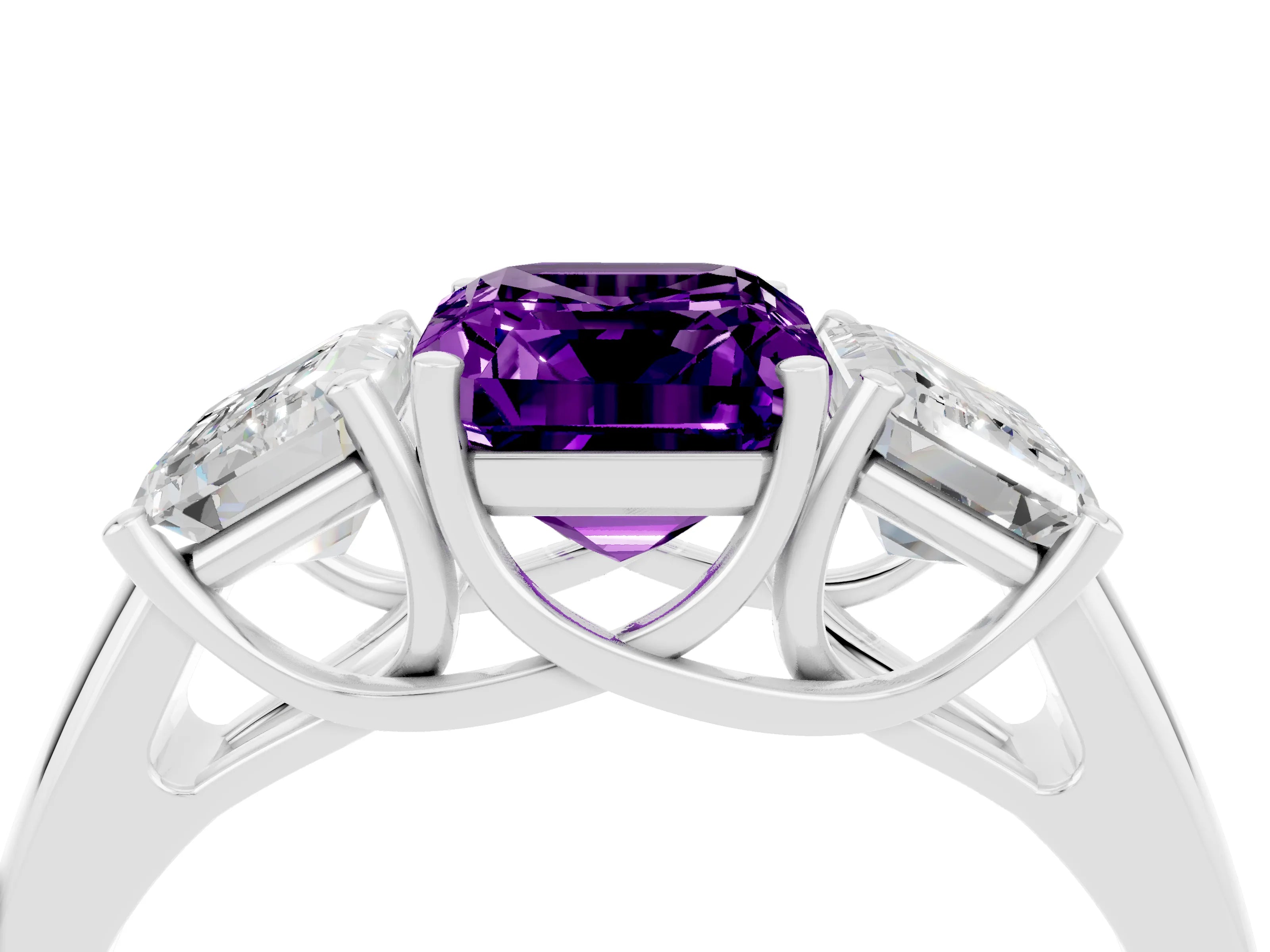 White gold Three-Stone Emerald Cut Amethyst Engagement Ring with Prong Setting_40