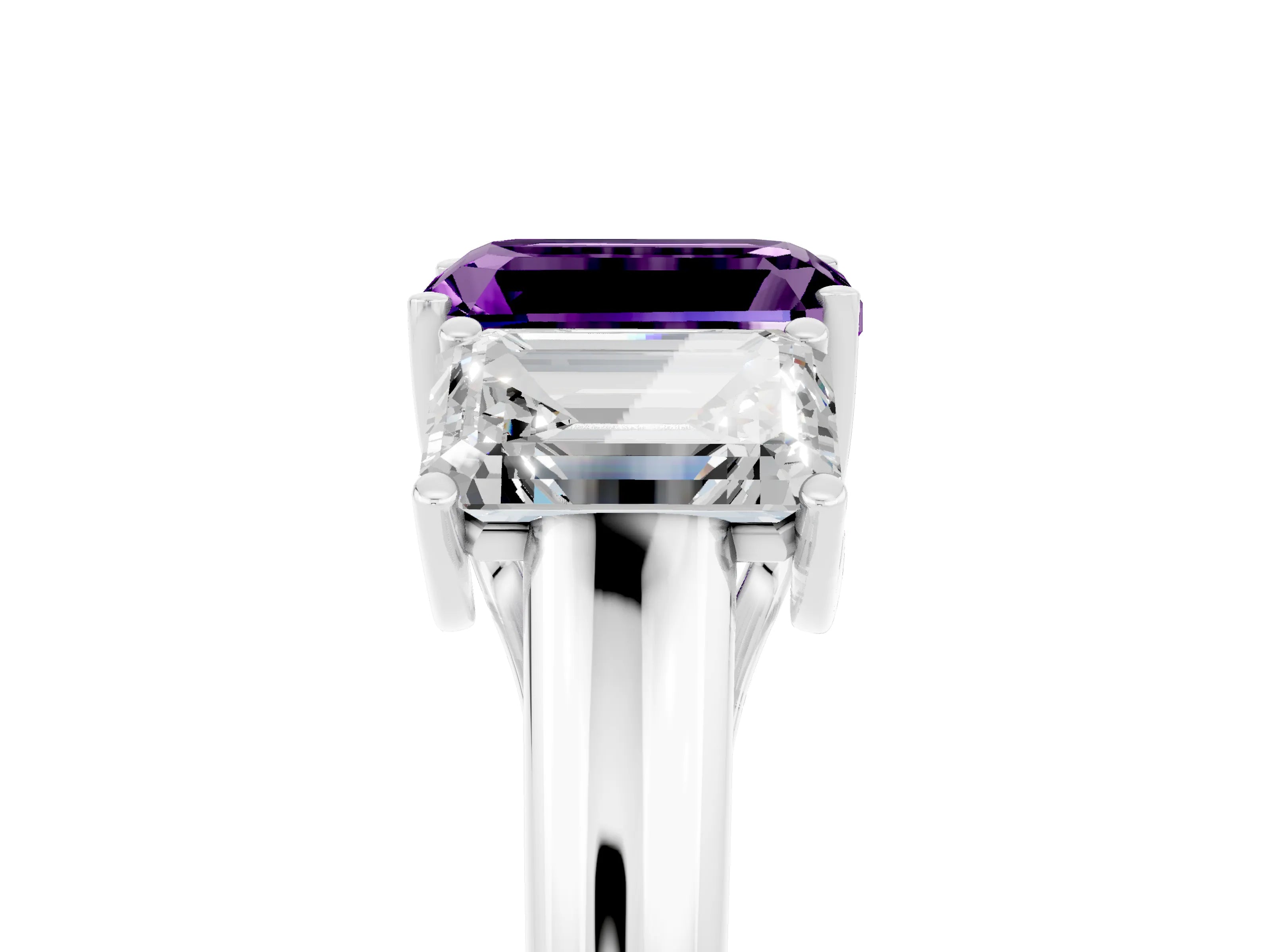 White gold Three-Stone Emerald Cut Amethyst Engagement Ring with Prong Setting_41