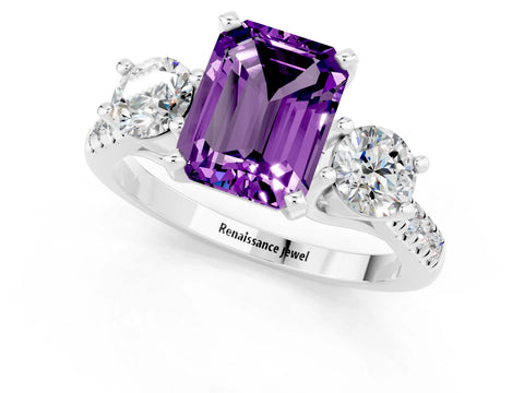 White gold Three-Stone Emerald Cut Amethyst Pavé Band with Four-Prong Setting_1