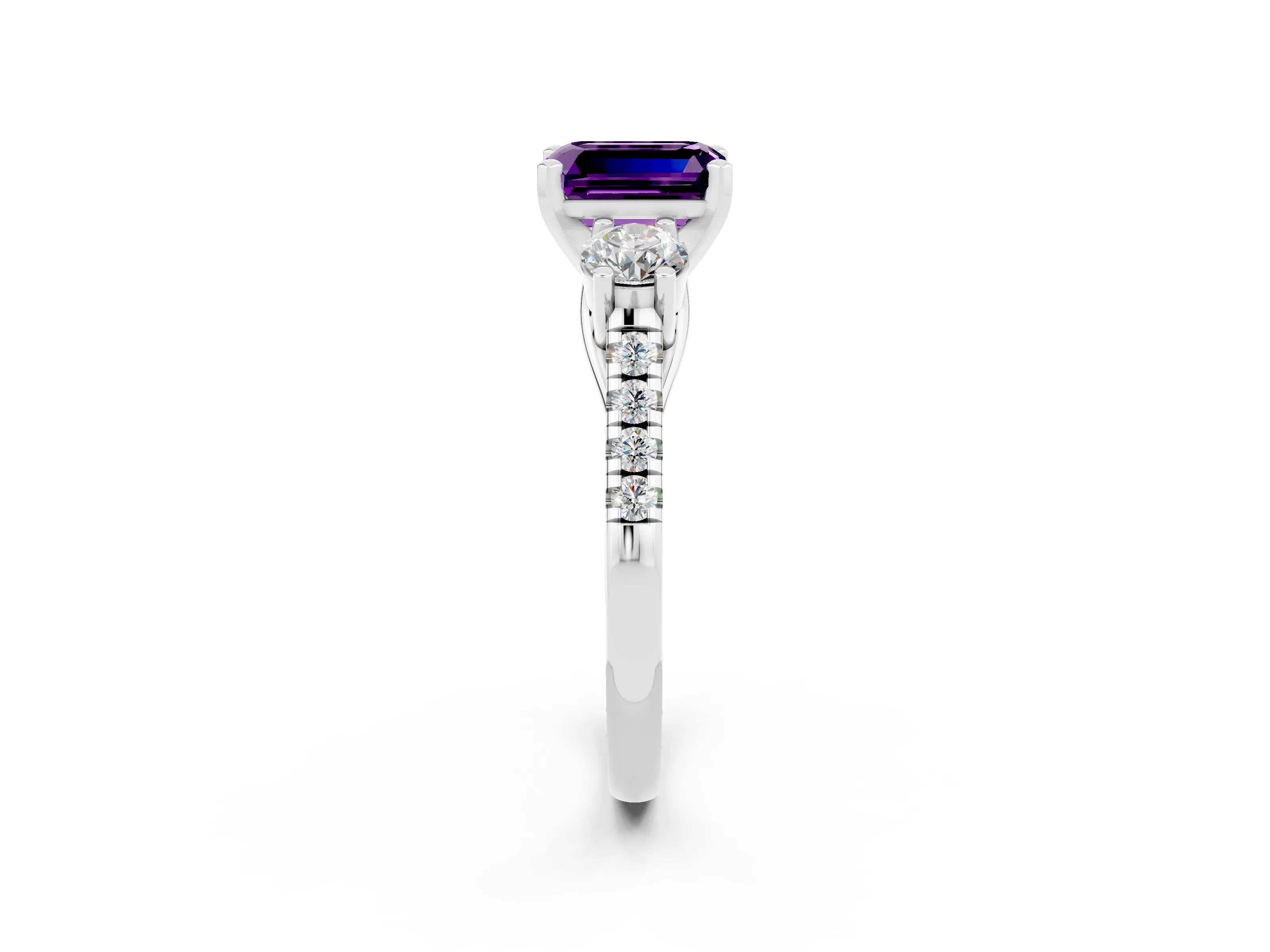 White gold Three-Stone Emerald Cut Amethyst Pavé Band with Four-Prong Setting_2