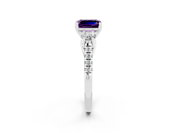 Platinum Three-Stone Emerald Cut Amethyst Pavé Band with Four-Prong Setting
