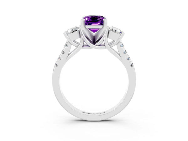 White gold Three-Stone Emerald Cut Amethyst Pavé Band with Four-Prong Setting