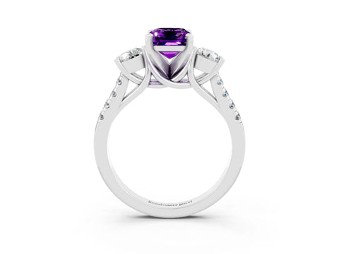 White gold Three-Stone Emerald Cut Amethyst Pavé Band with Four-Prong Setting_3