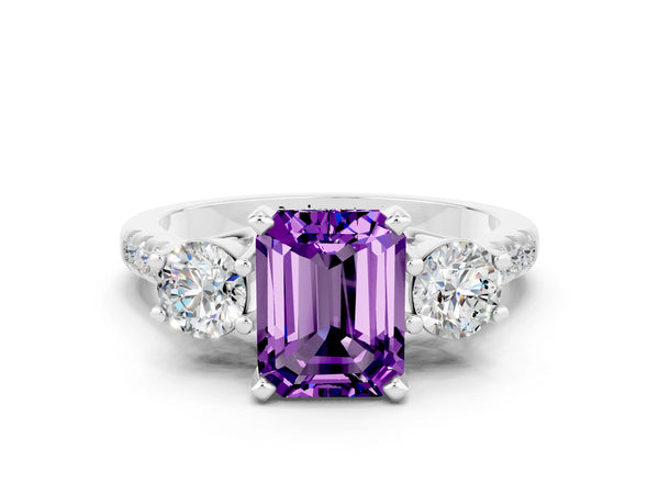 Silver Three-Stone Emerald Cut Amethyst Pavé Band with Four-Prong Setting