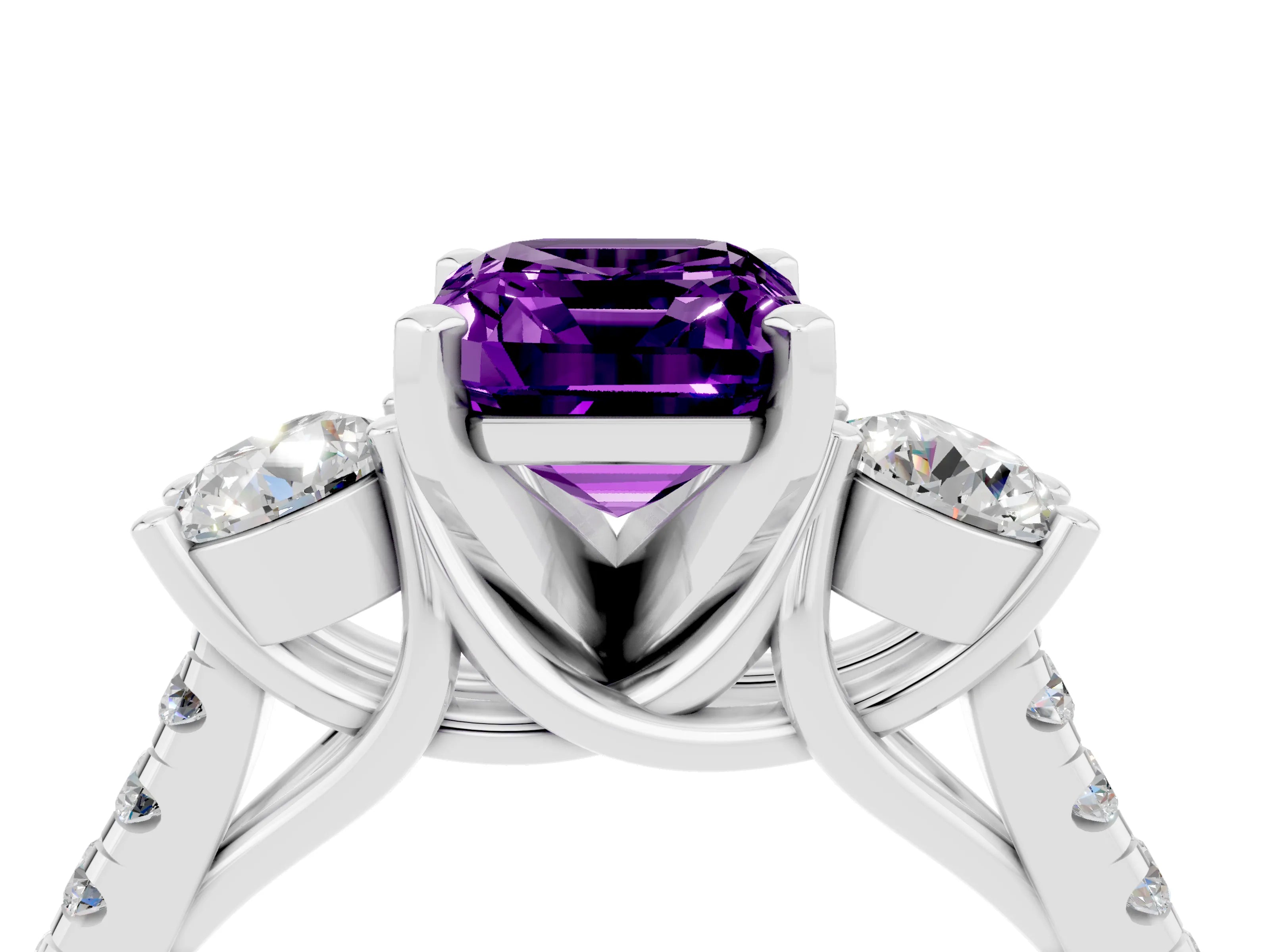 White gold Three-Stone Emerald Cut Amethyst Pavé Band with Four-Prong Setting_4
