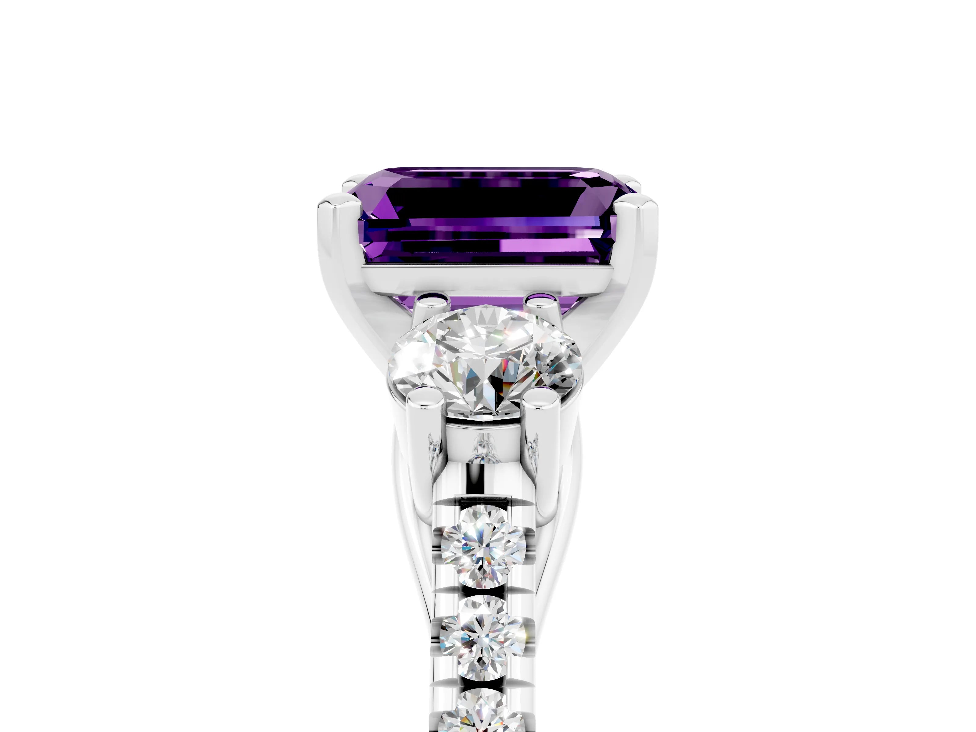 White gold Three-Stone Emerald Cut Amethyst Pavé Band with Four-Prong Setting_5