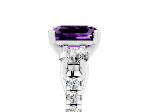 White gold Three-Stone Emerald Cut Amethyst Pavé Band with Four-Prong Setting_5