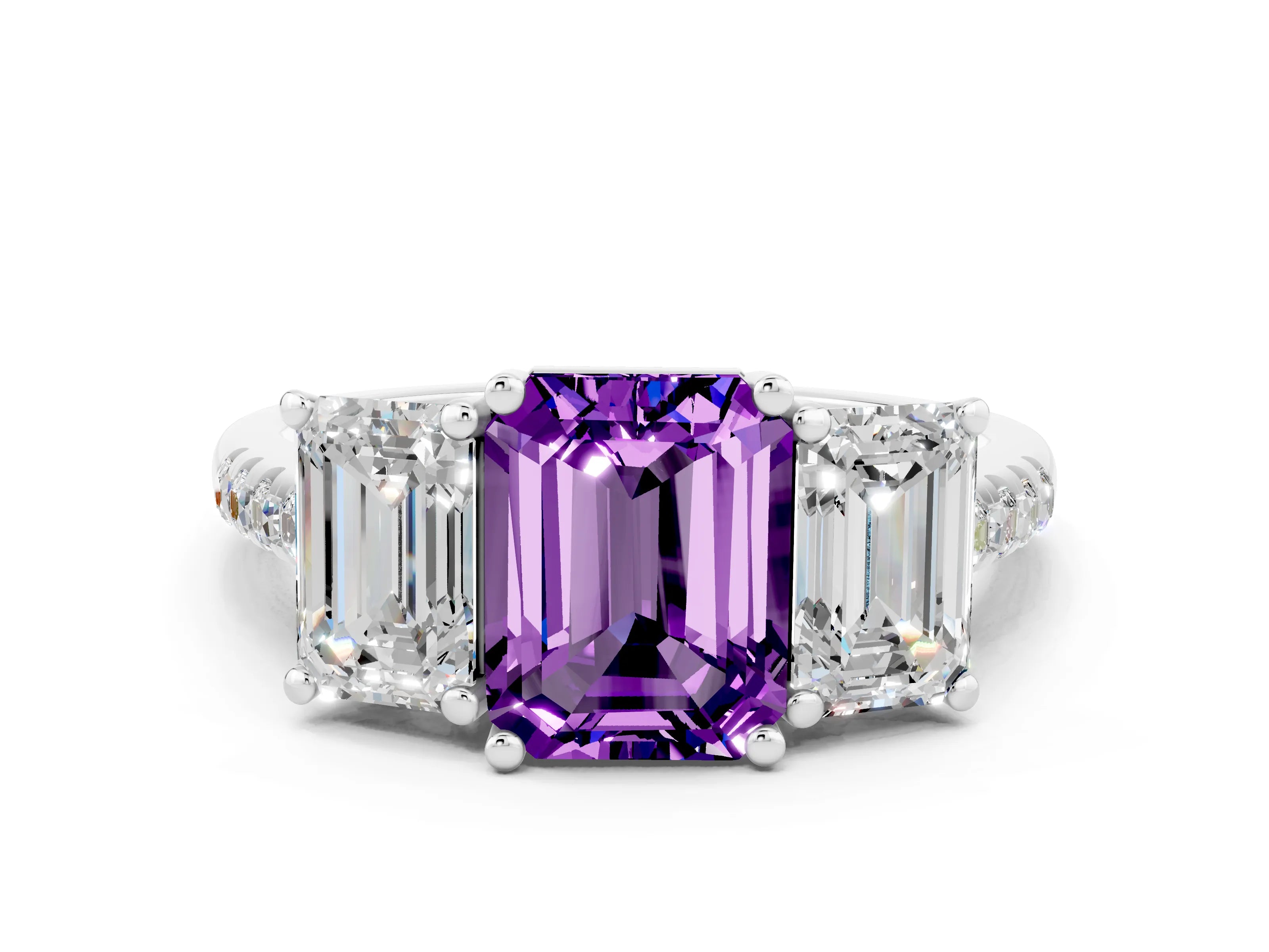White gold Three-Stone Emerald Cut Amethyst Ring with Pavé Band and Prong Setting_12