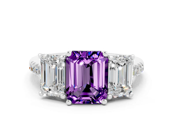 White gold Three-Stone Emerald Cut Amethyst Ring with Round  Pavé Band and Prong Setting