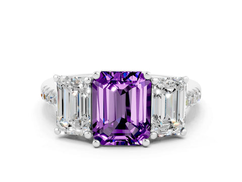 White gold Three-Stone Emerald Cut Amethyst Ring with Pavé Band and Prong Setting_12