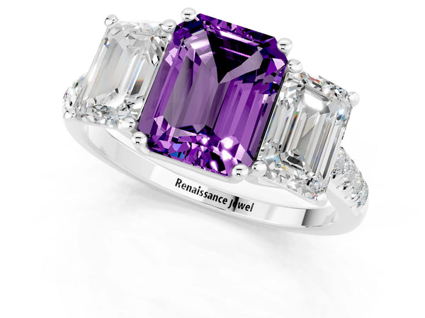White gold Three-Stone Emerald Cut Amethyst Ring with Round  Pavé Band and Prong Setting