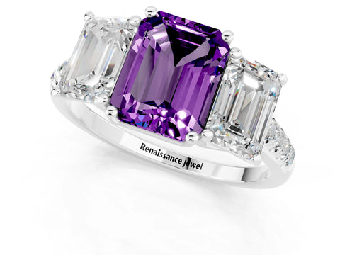 White gold Three-Stone Emerald Cut Amethyst Ring with Pavé Band and Prong Setting_13