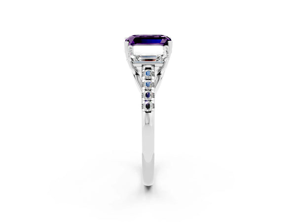 Platinum Three-Stone Emerald Cut Amethyst Ring with Round  Pavé Band and Prong Setting