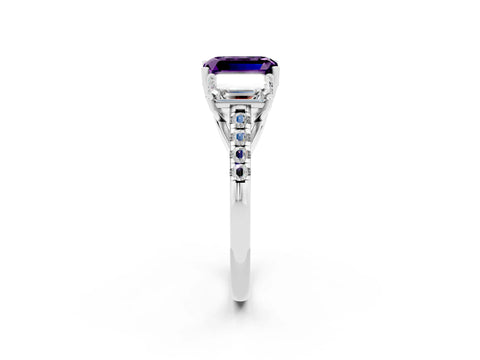 White gold Three-Stone Emerald Cut Amethyst Ring with Pavé Band and Prong Setting_14