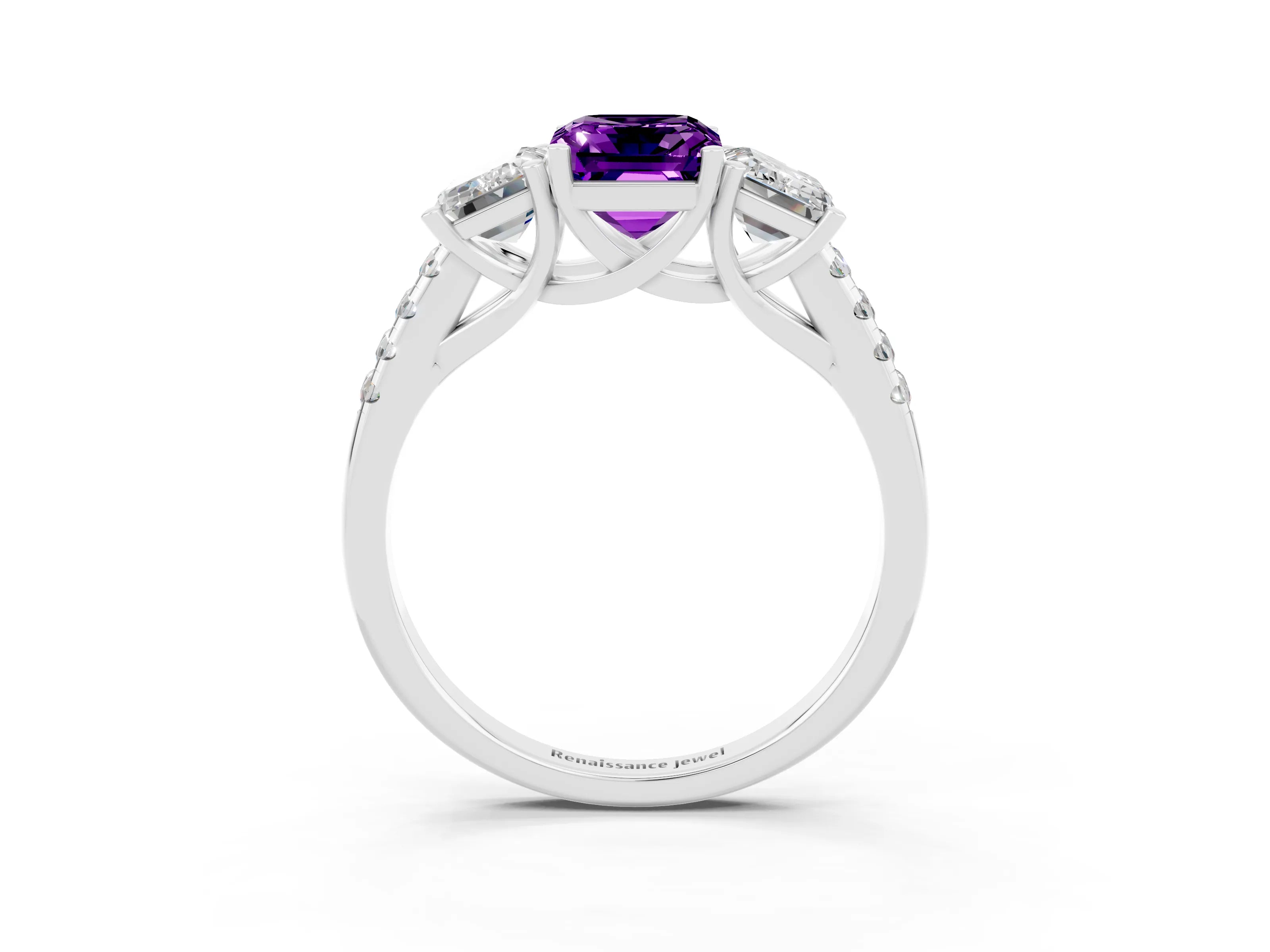 White gold Three-Stone Emerald Cut Amethyst Ring with Pavé Band and Prong Setting_15