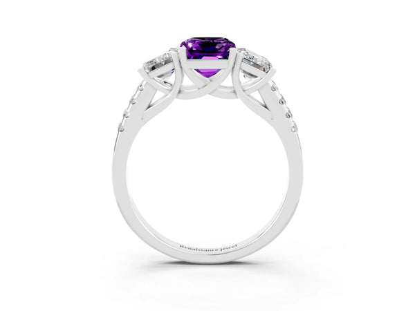 Silver Three-Stone Emerald Cut Amethyst Ring with Round  Pavé Band and Prong Setting