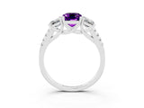 White gold Three-Stone Emerald Cut Amethyst Ring with Pavé Band and Prong Setting_15