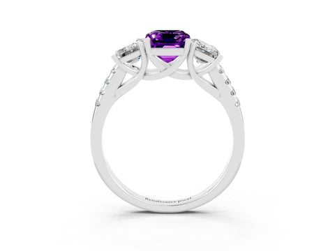 White gold Three-Stone Emerald Cut Amethyst Ring with Pavé Band and Prong Setting_15
