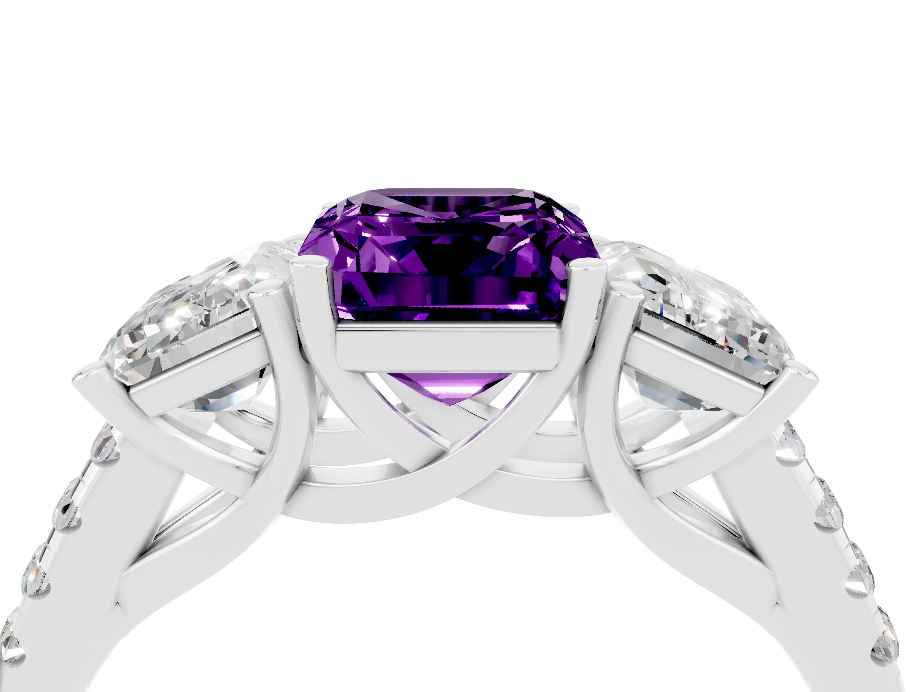 White gold Three-Stone Emerald Cut Amethyst Ring with Pavé Band and Prong Setting_16