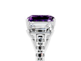 White gold Three-Stone Emerald Cut Amethyst Ring with Pavé Band and Prong Setting_17