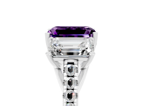 White gold Three-Stone Emerald Cut Amethyst Ring with Pavé Band and Prong Setting_17