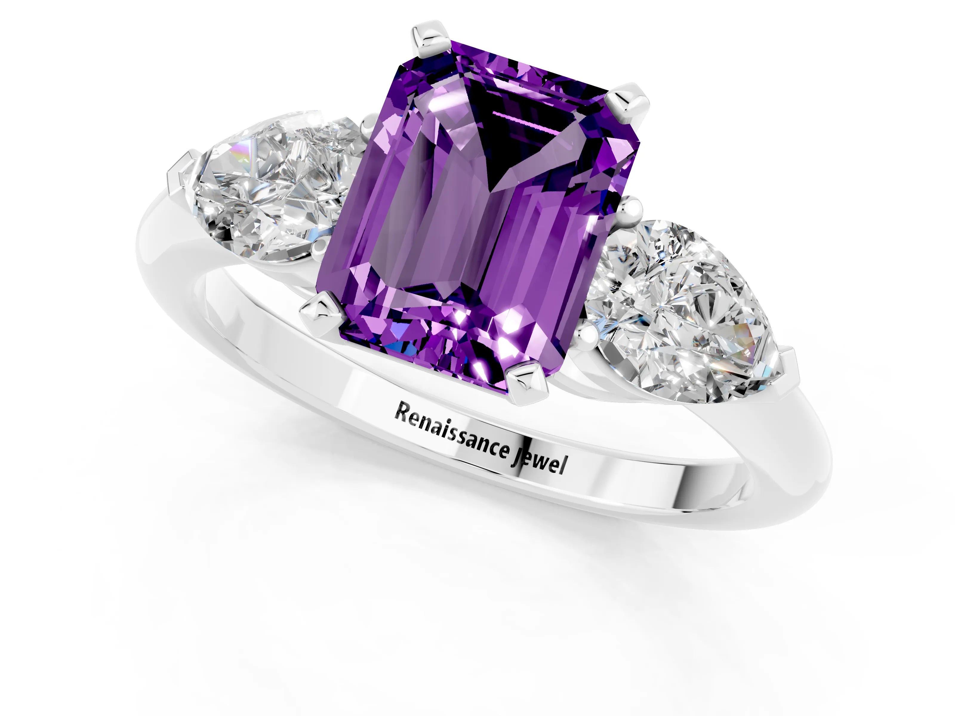 White gold Three-Stone Emerald Cut Amethyst Ring with Pear Side Stones and Four-Prong Setting_1