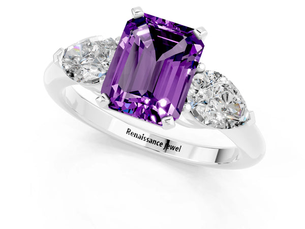 White gold Three-Stone Emerald Cut Amethyst Ring with Pear Side Stones and Four-Prong Setting