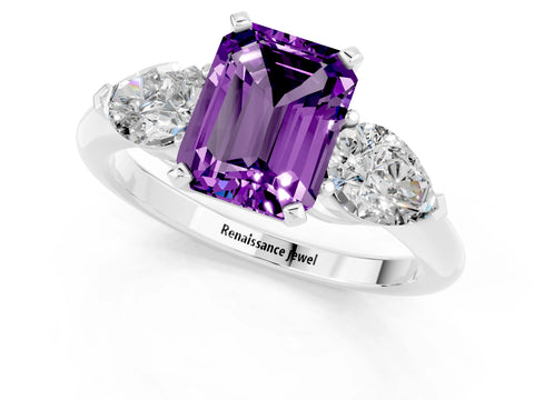 White gold Three-Stone Emerald Cut Amethyst Ring with Pear Side Stones and Four-Prong Setting_1