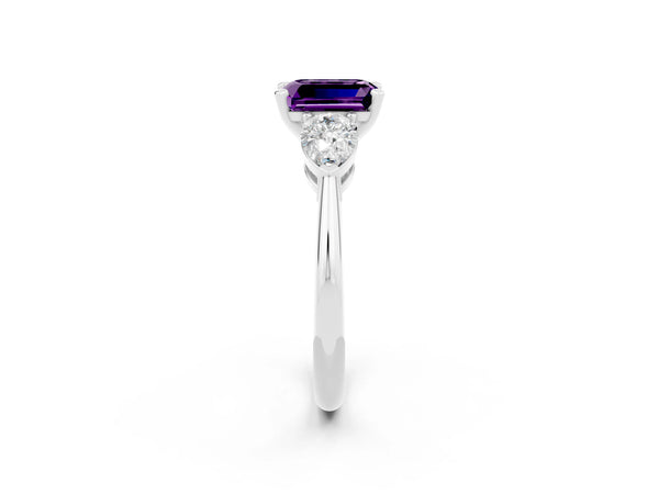 Platinum Three-Stone Emerald Cut Amethyst Ring with Pear Side Stones and Four-Prong Setting