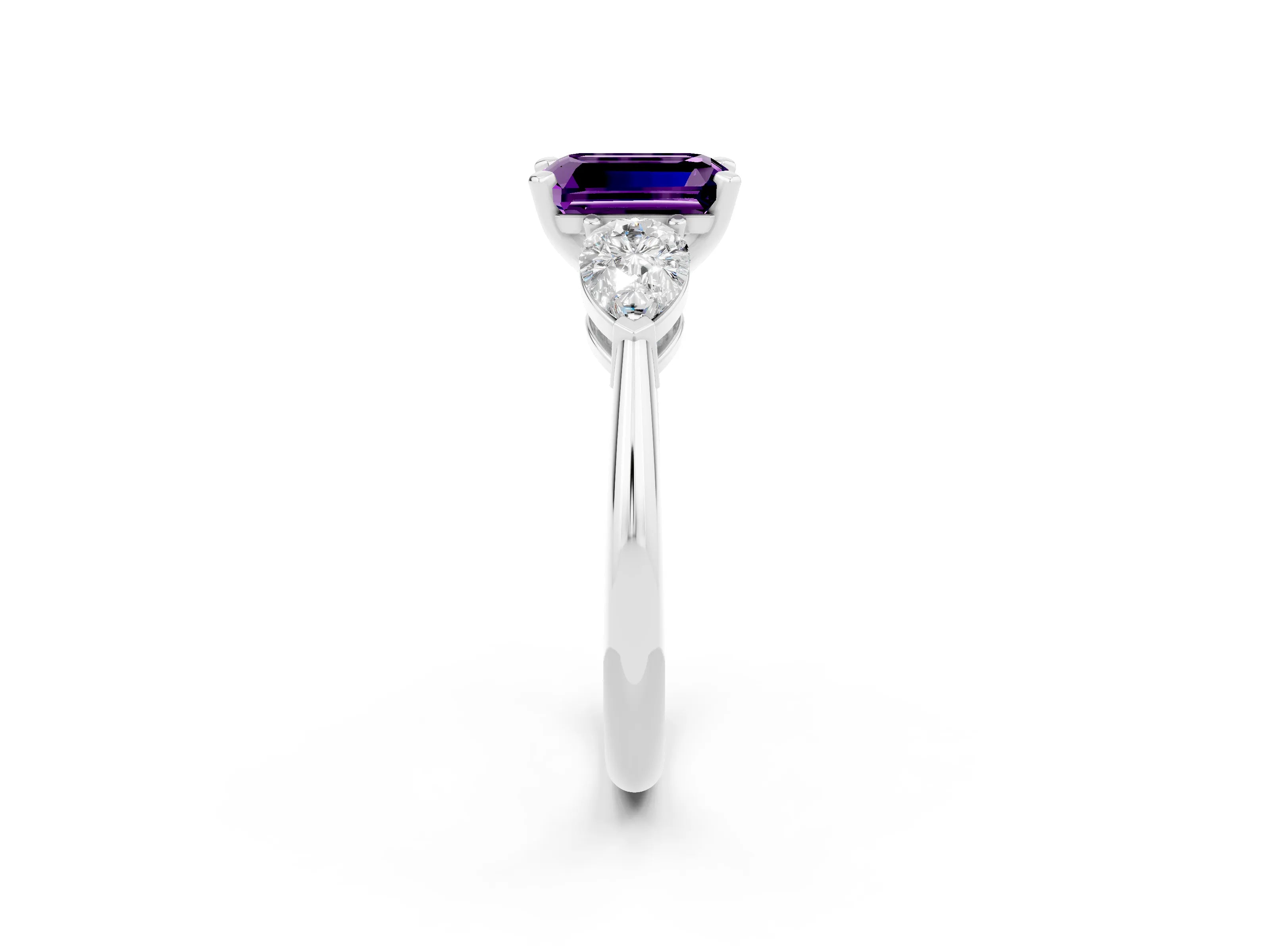 White gold Three-Stone Emerald Cut Amethyst Ring with Pear Side Stones and Four-Prong Setting_2