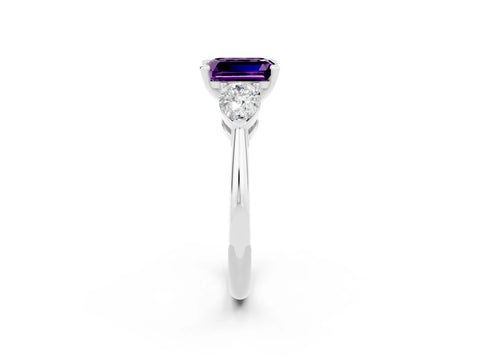 White gold Three-Stone Emerald Cut Amethyst Ring with Pear Side Stones and Four-Prong Setting_2