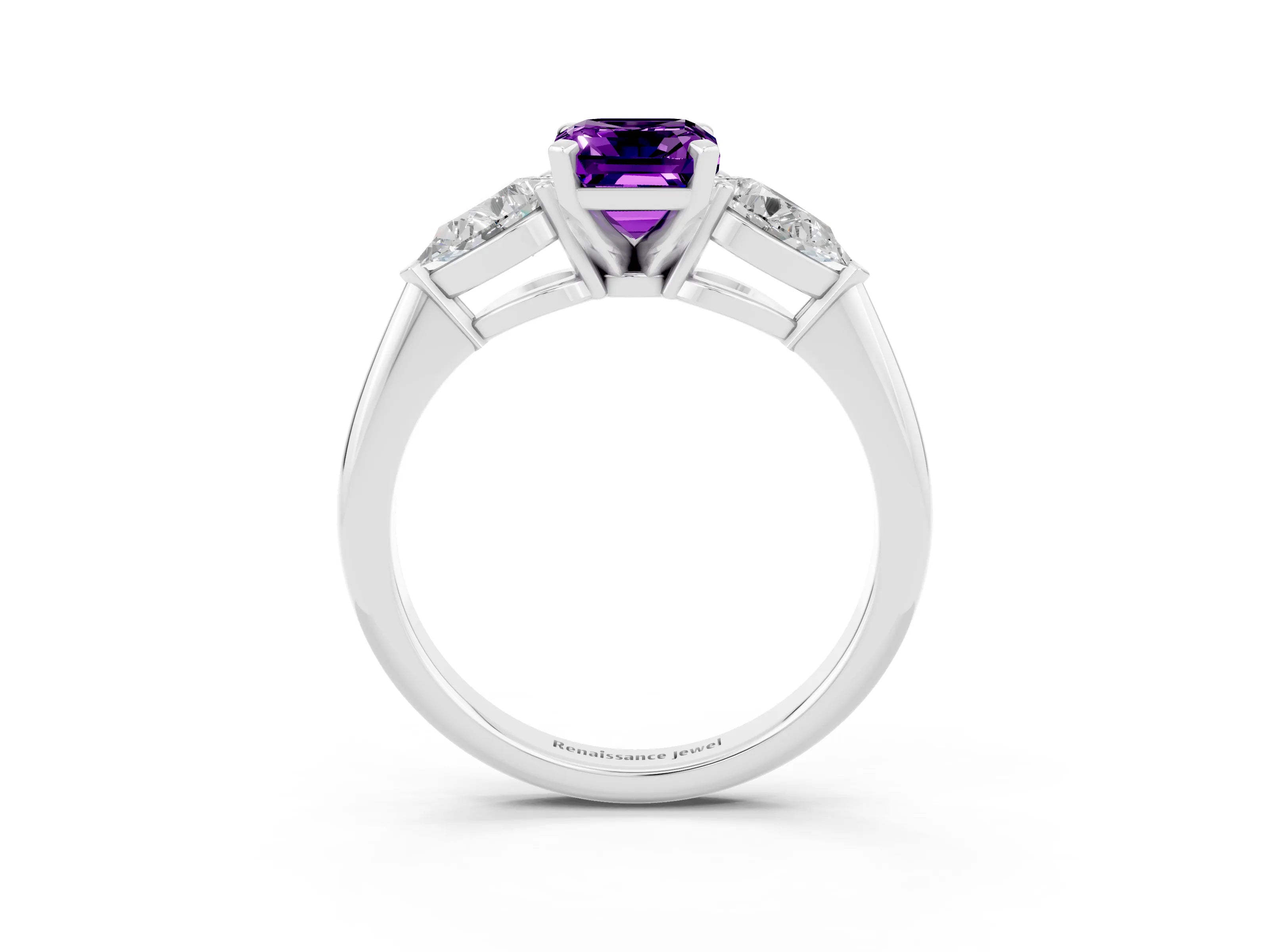 White gold Three-Stone Emerald Cut Amethyst Ring with Pear Side Stones and Four-Prong Setting_3