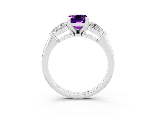 White gold Three-Stone Emerald Cut Amethyst Ring with Pear Side Stones and Four-Prong Setting