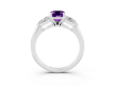White gold Three-Stone Emerald Cut Amethyst Ring with Pear Side Stones and Four-Prong Setting_3