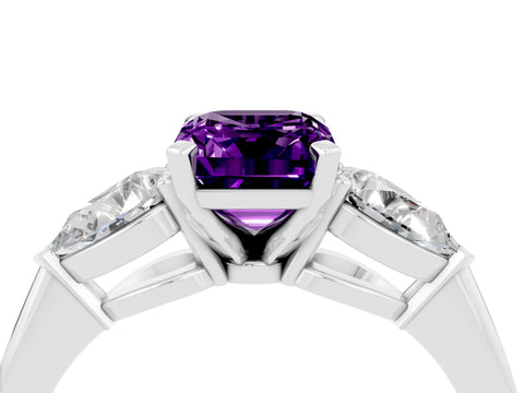 White gold Three-Stone Emerald Cut Amethyst Ring with Pear Side Stones and Four-Prong Setting_4