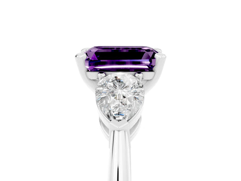 White gold Three-Stone Emerald Cut Amethyst Ring with Pear Side Stones and Four-Prong Setting_5