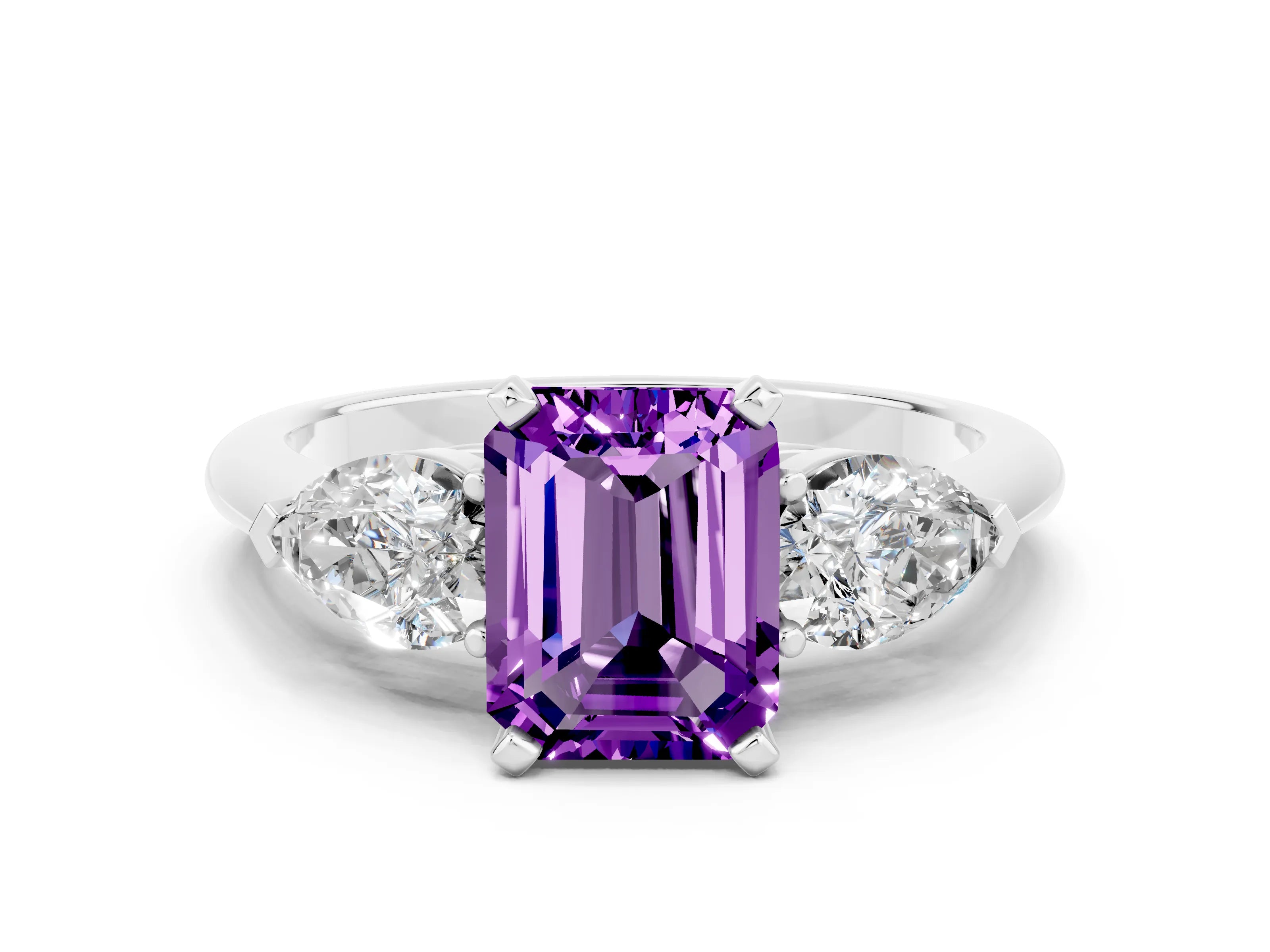 White gold Three-Stone Emerald Cut Amethyst Ring with Pear Side Stones and Four-Prong Setting