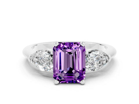 White gold Three-Stone Emerald Cut Amethyst Ring with Pear Side Stones and Four-Prong Setting
