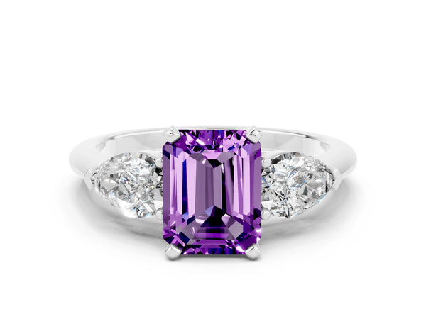 White gold Three-Stone Emerald Cut Amethyst Ring with Pear Side Stones and Four-Prong Setting