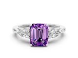 White gold Three-Stone Emerald Cut Amethyst Ring with Pear  Side Stones in Four-Prong Setting_12